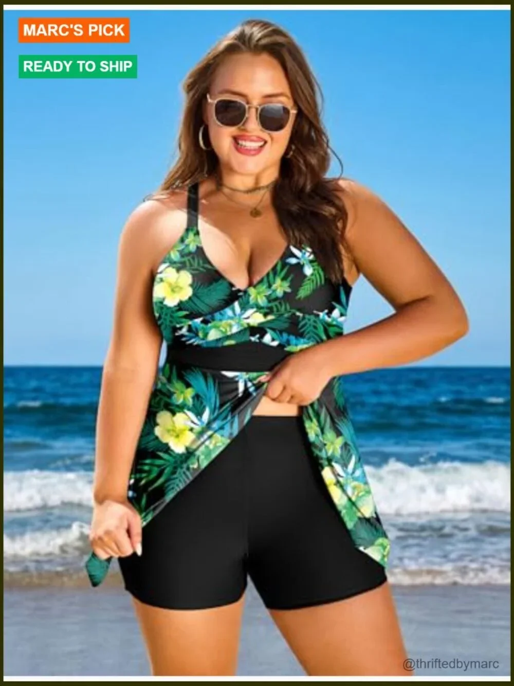 Plus Size Tummy Control V Neck Tankini Set with Boyshorts